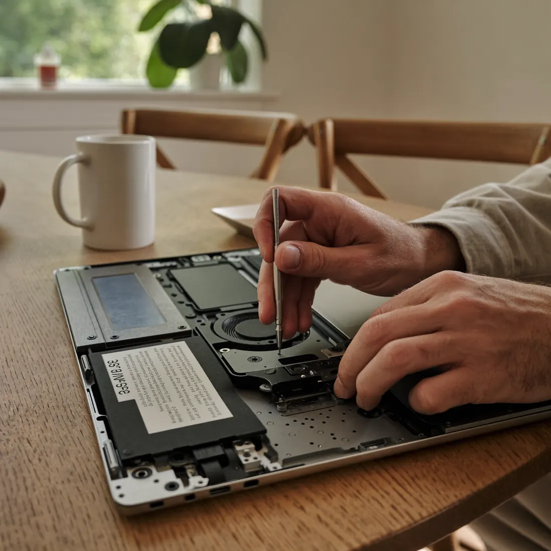 Laptop-Reparatur am Küchentisch beim Kunden