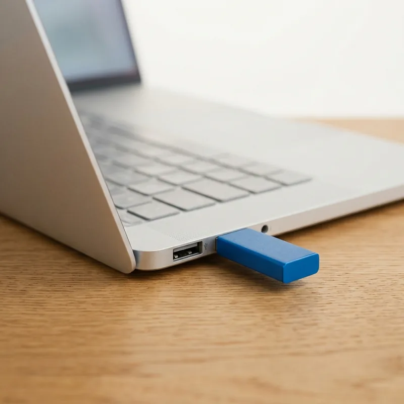 USB-Stick steckt in einem aufgeklappten Laptop