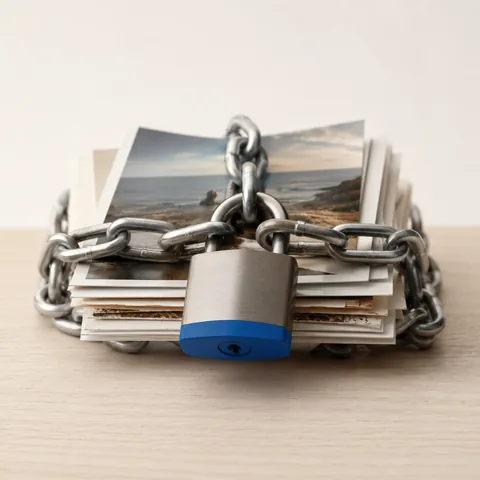 Fotostapel mit Kette und Vorhängeschloss